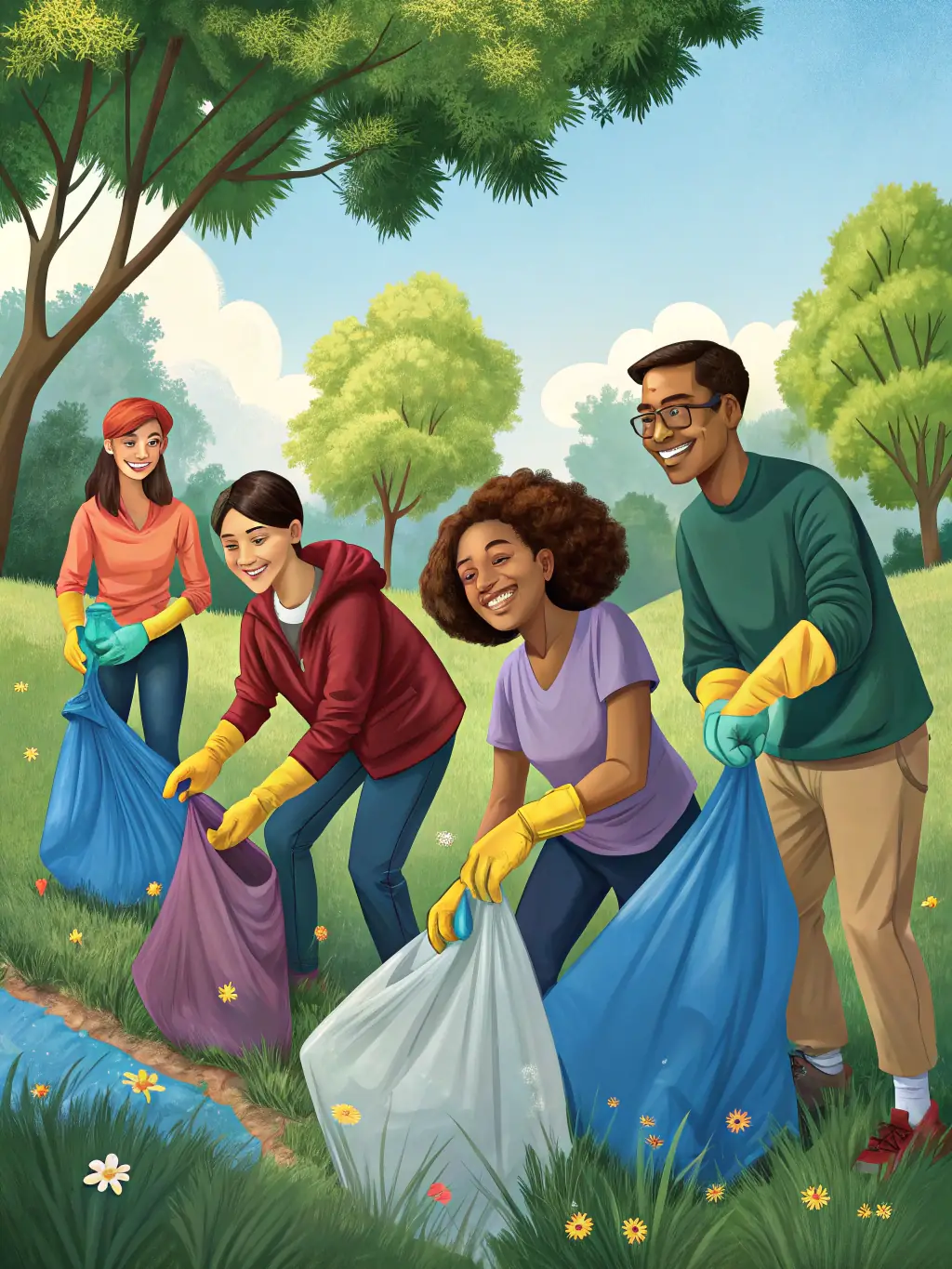 A photo of people of all ages and backgrounds participating in a community cleanup event, demonstrating inclusive engagement and active participation.