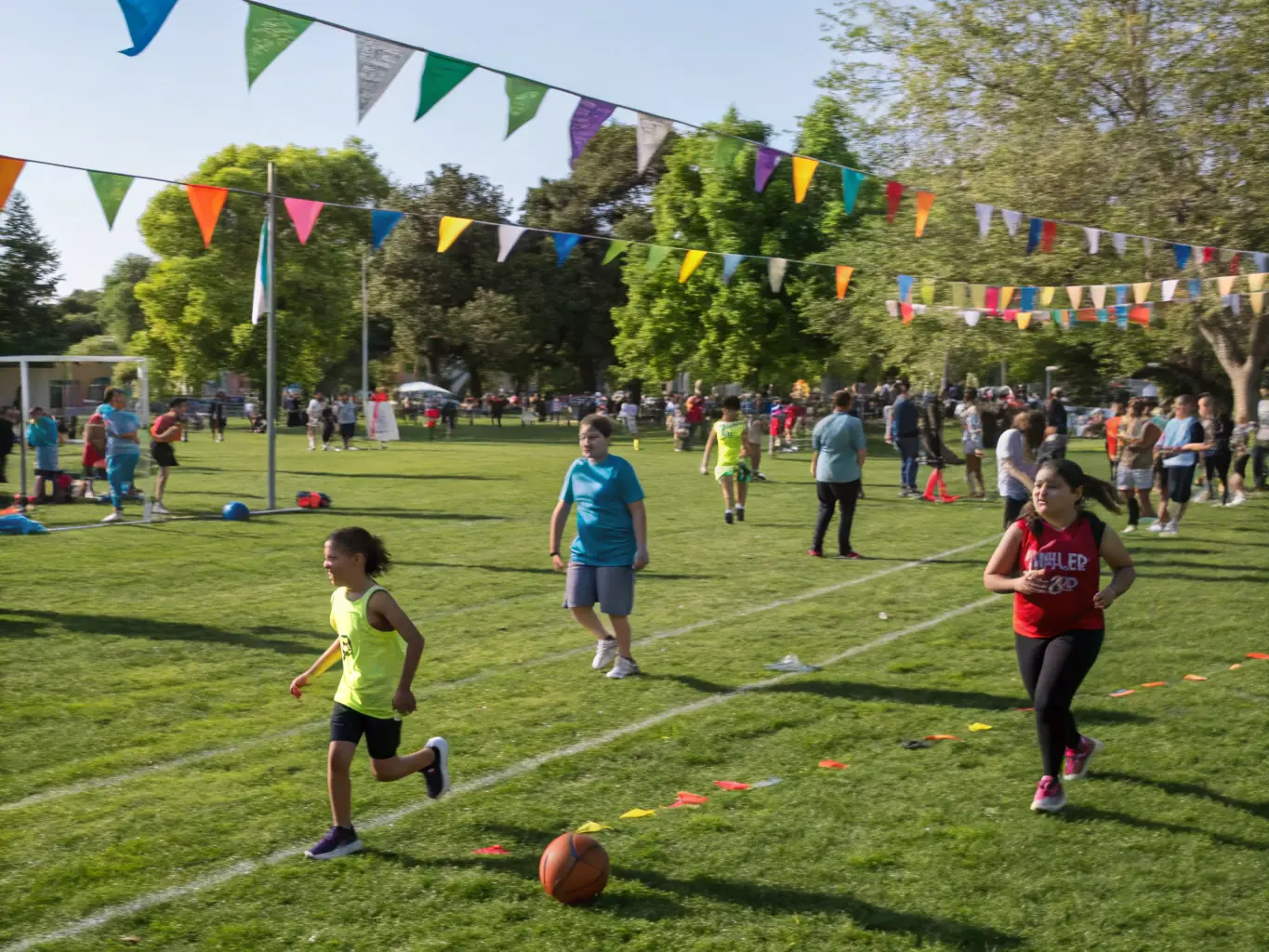 A vibrant image showcasing participants engaged in a community sports event organized by CARPE DIEM 16, with diverse individuals actively playing and cheering, set against a backdrop of a sunny day and green fields.