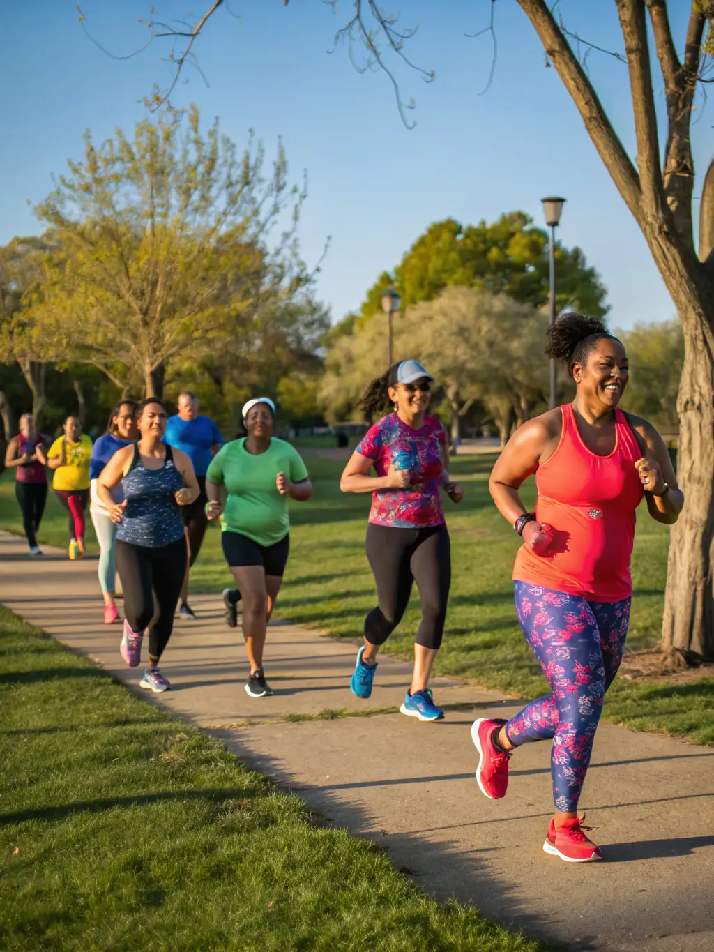 A diverse group of people participating in a charity run, smiling and supporting each other, symbolizing solidarity and community spirit.