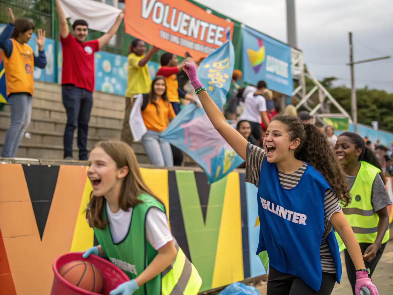 A vibrant image of volunteers and community members participating in a local sports event, showcasing unity and active engagement.