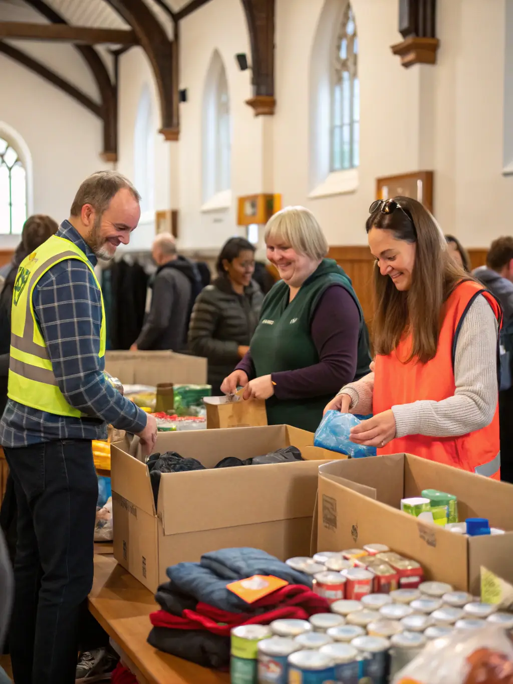 A group of volunteers collecting donations and supplies at a fundraising event, showcasing the mobilization of resources for community benefit.