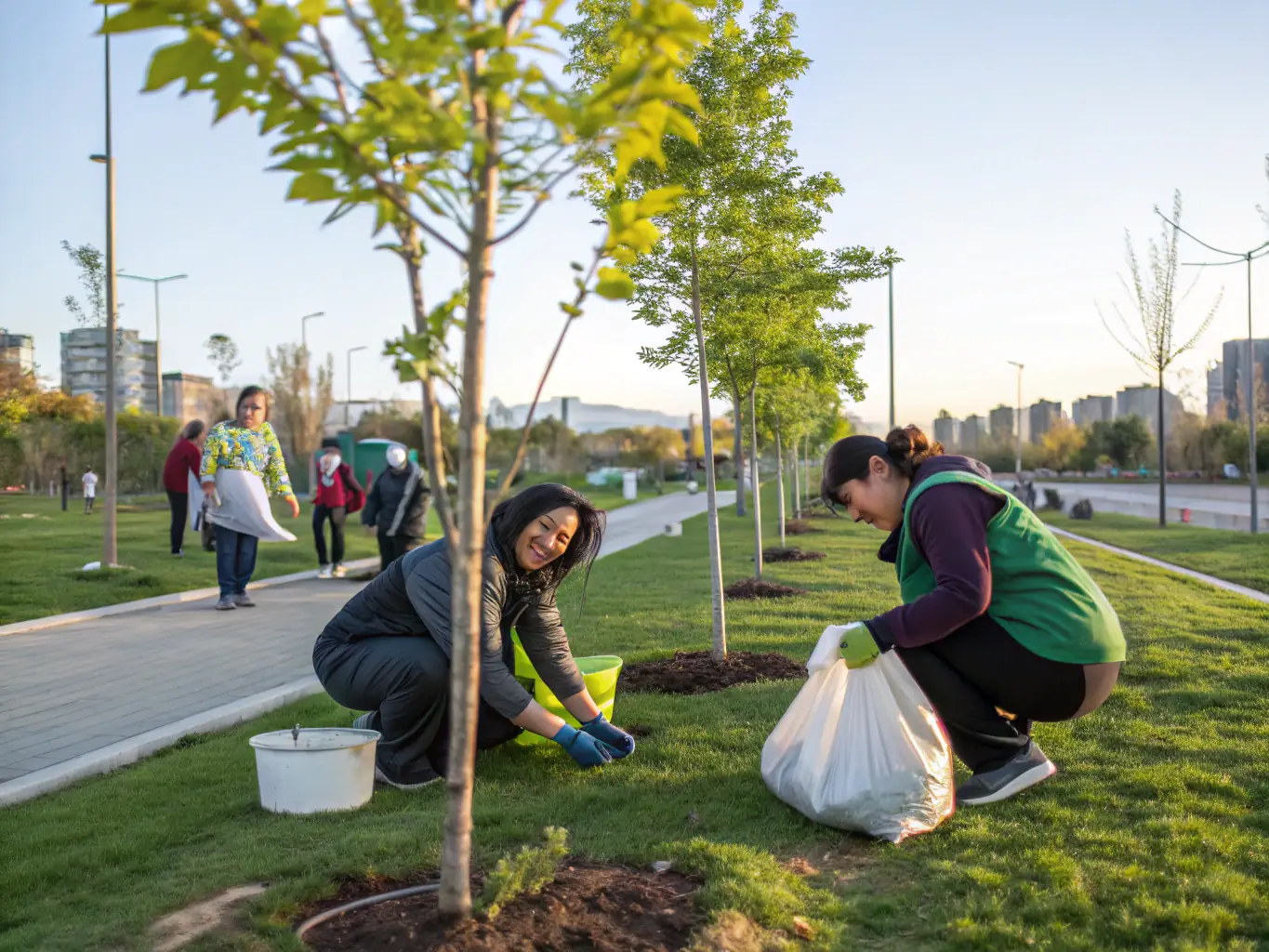 A photograph capturing volunteers cleaning up a local park, emphasizing environmental responsibility and community involvement.