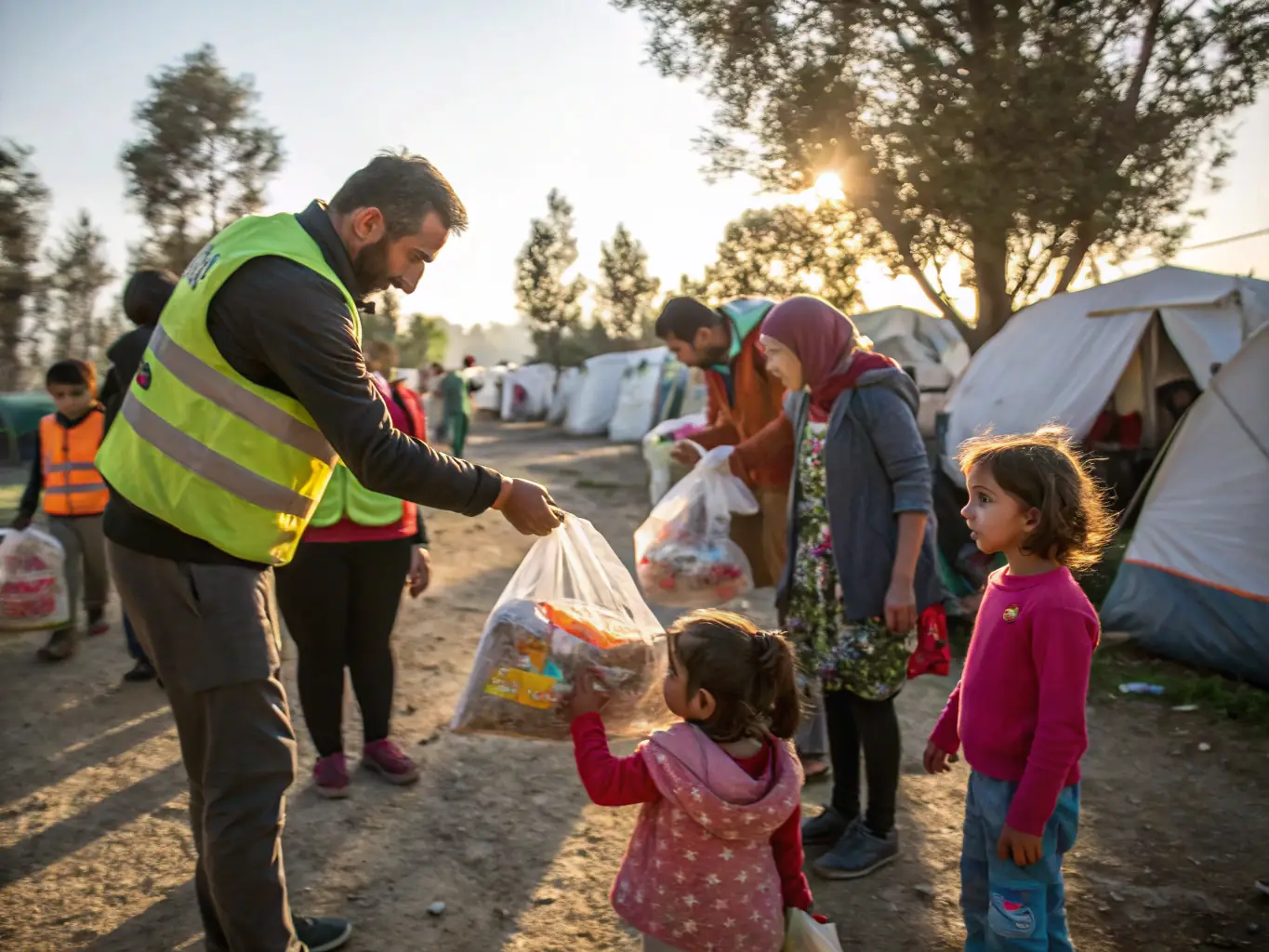 A heartwarming image of volunteers distributing food and essential supplies to underprivileged families, highlighting our commitment to social welfare.